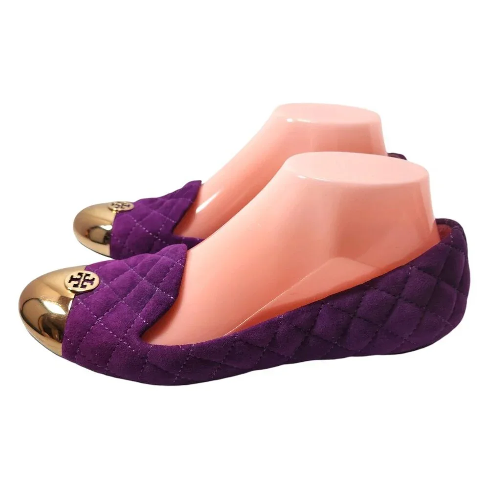 Tory Burch Quilted Purple Suede Flats with Gold Cap Toe